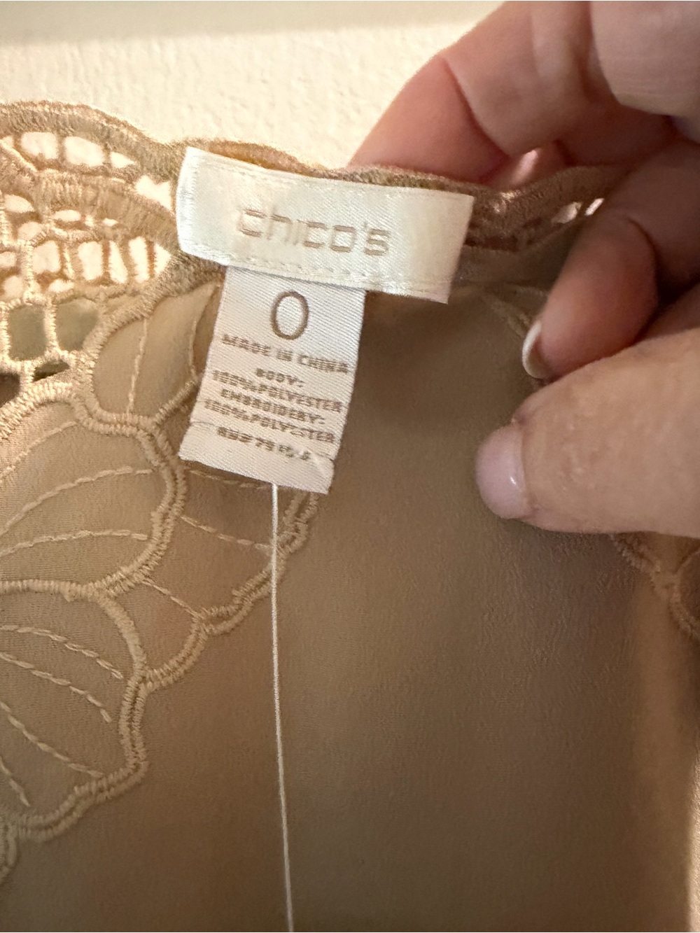 Chico's Taupe Crochet Floral-Trim Blouse - Picture 2 of 5